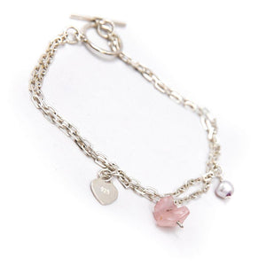 Double silver bracelet with quartz rose stones and pearl