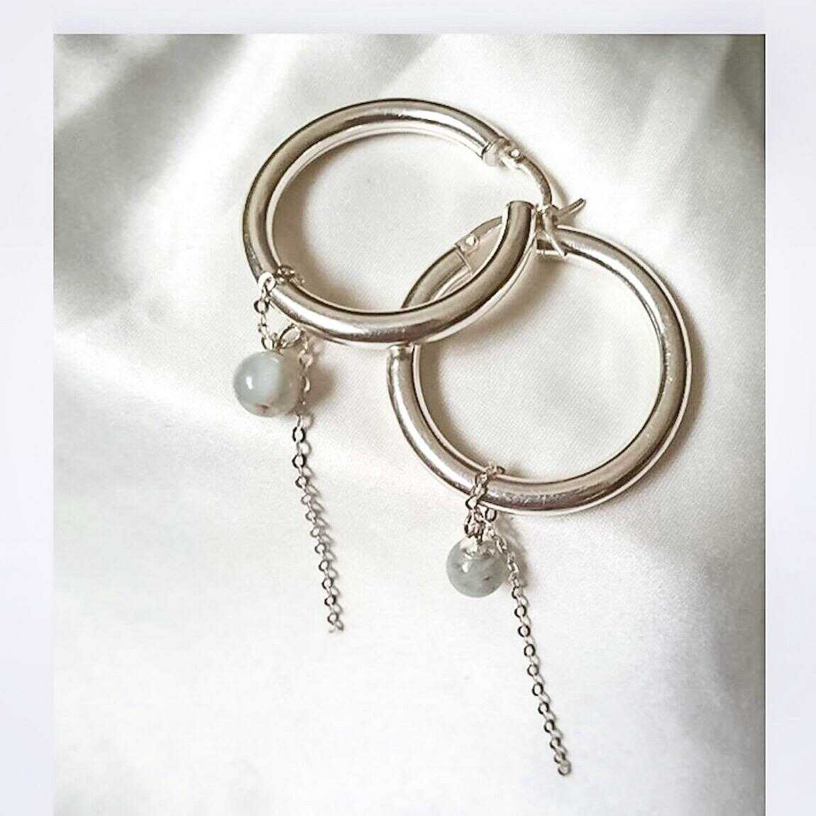 Silver hoop earrings with aquamarine