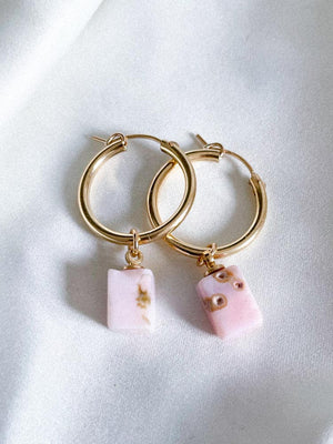 Hoop earrings with gold/silver pink opal stone