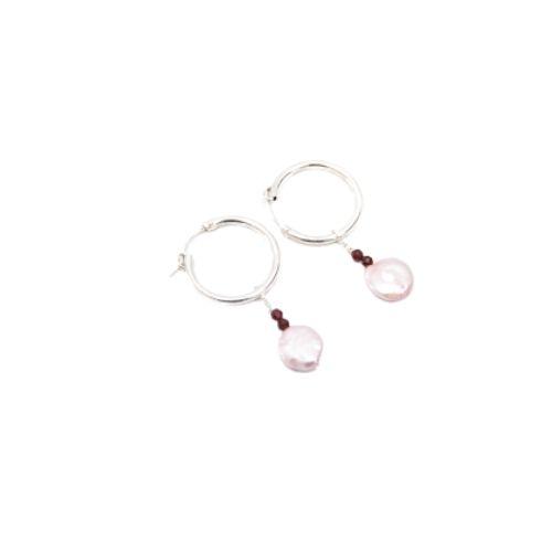 Silver hoop earrings with pink pearl