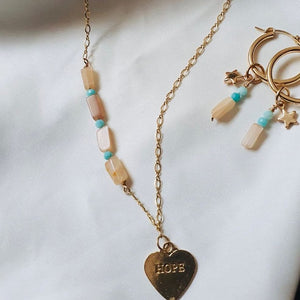 Necklace with Amazonite and Moonstone stones combined with engraved heart pendant